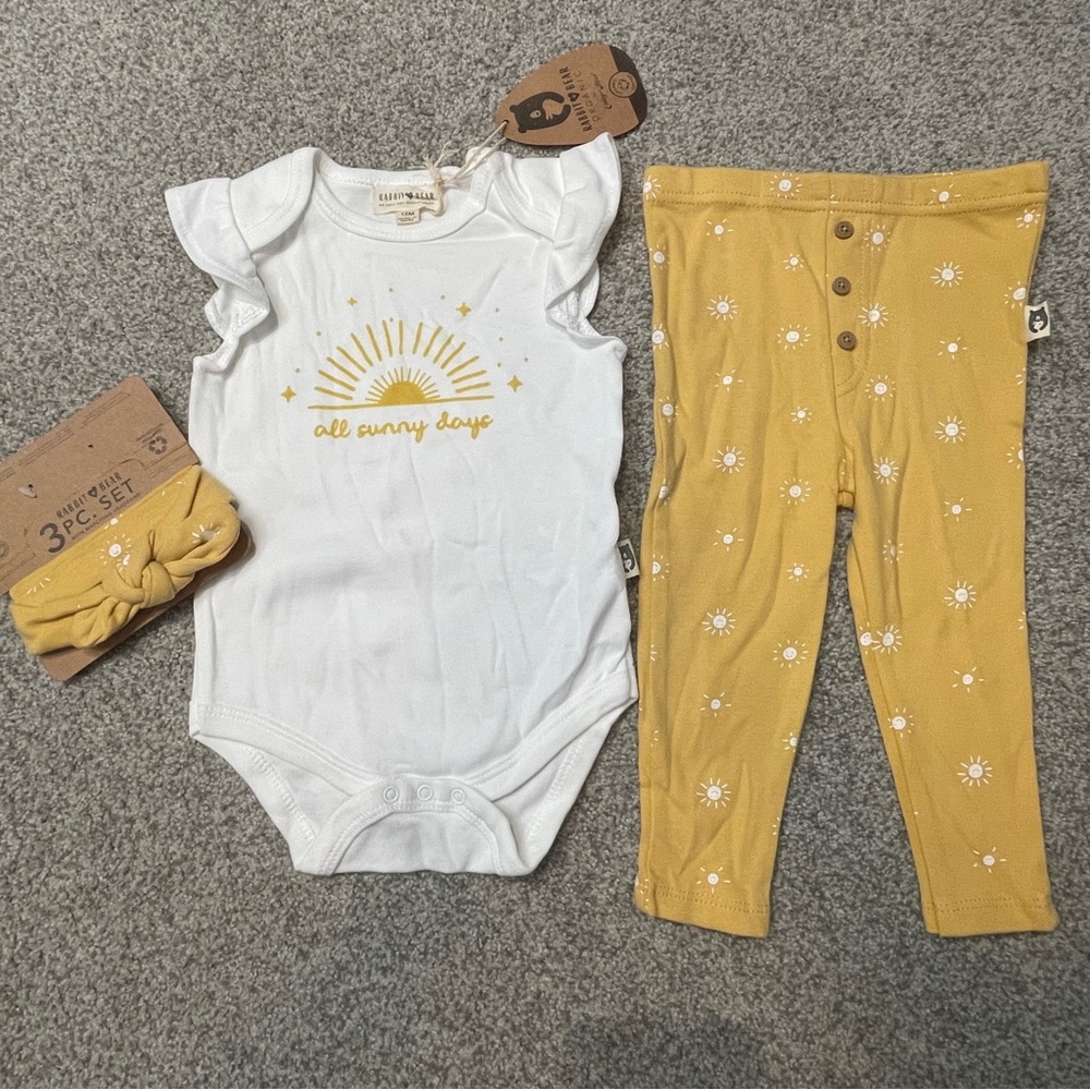Rabbit Bear “All Sunny Days” Baby Girls Matching 3pc Set in Mustard and White